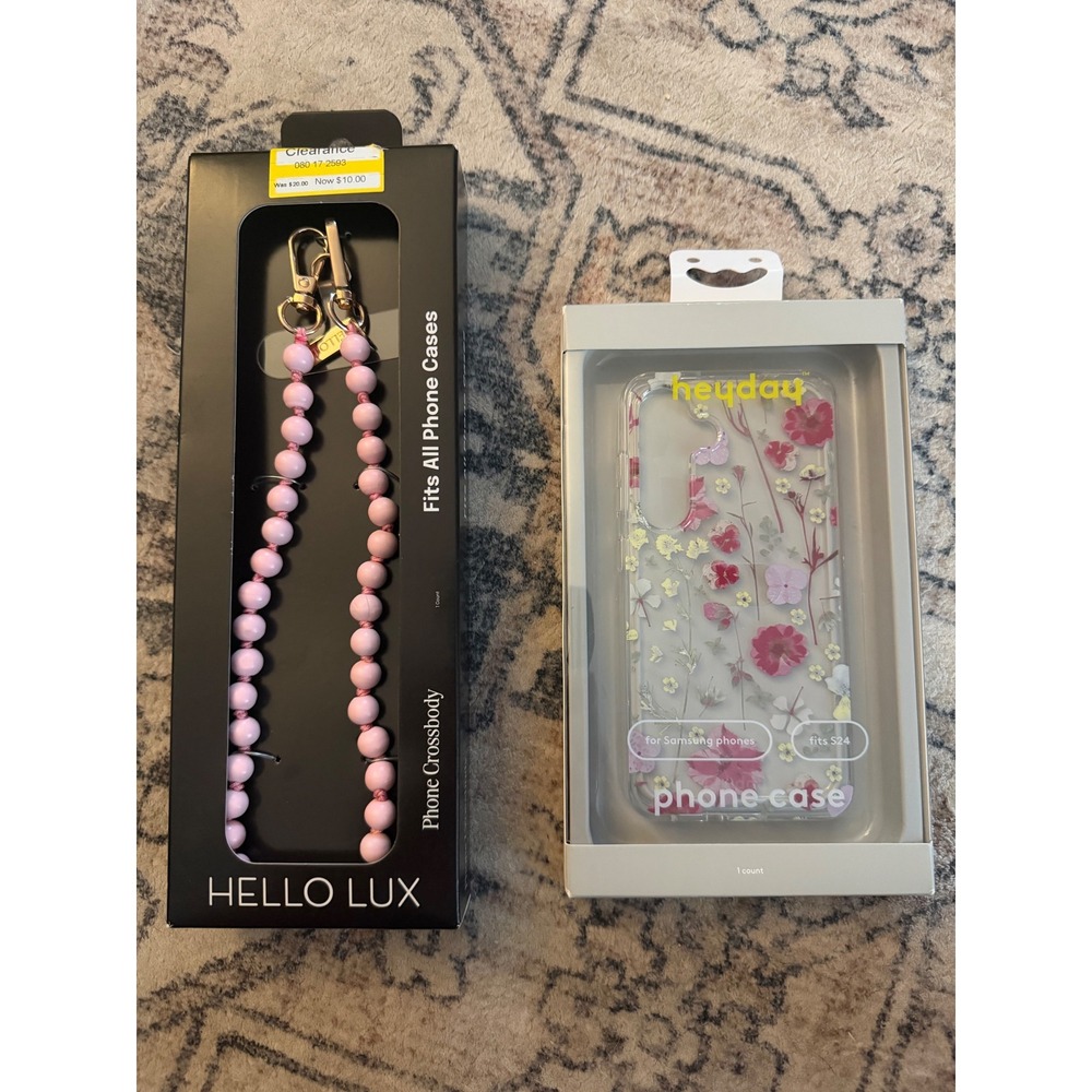 Hello Lux Pink Beaded Crossbody Phone Strap & Heyday Samsung S24 Floral Case Set